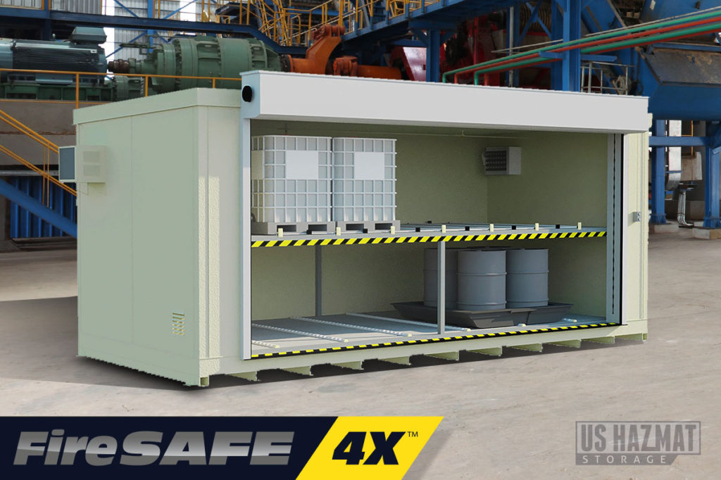 Four Hour Fire-Rated Chemical Tote and Barrel Storage Building with Roll-Up Door Open.