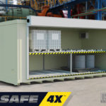 Four Hour Fire-Rated Chemical Tote and Barrel Storage Building with Roll-Up Door Open.