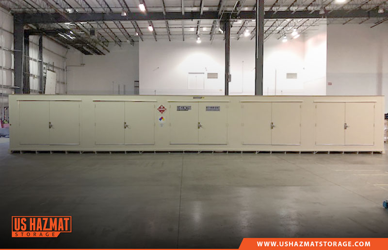 Flammable liquid storage building with NFPA, OHSA, and EPA compliance offers easy storage of palletized material with 5 double-door access bays. 