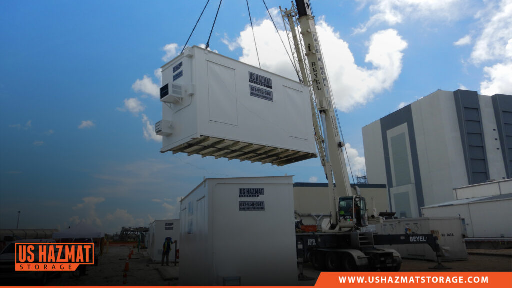 US Hazmat Storage chemical storage buildings installed with a crane for fire-rated lubricant storage for NASA.