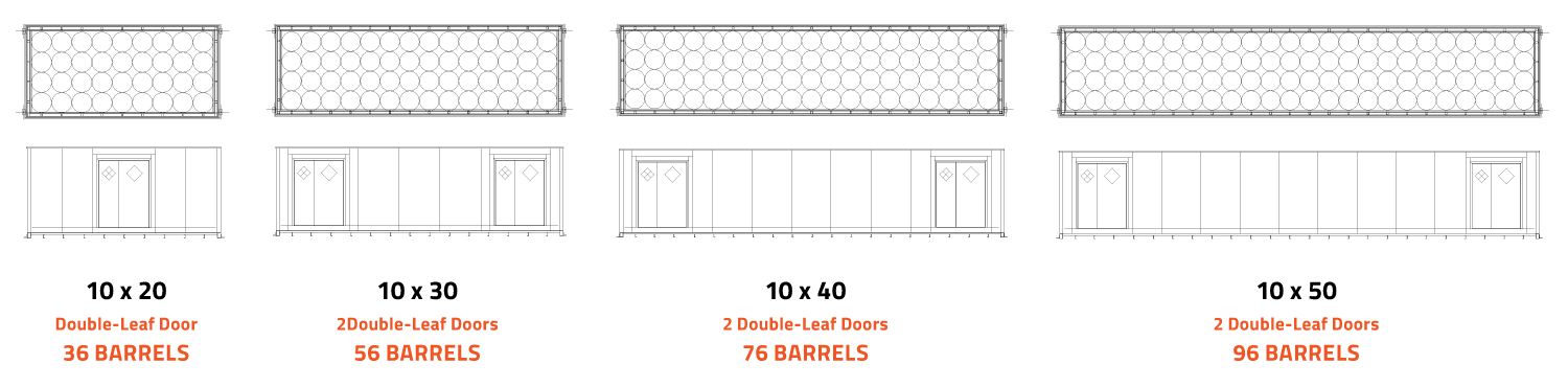 10 ft wide barrel diagrams with door locations and storage capacities