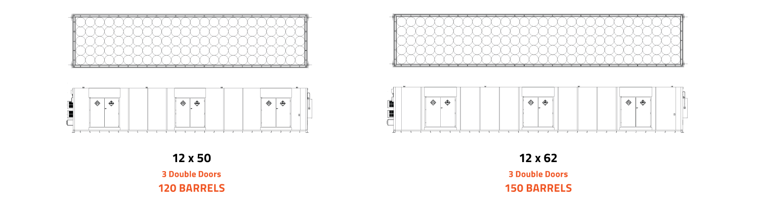 12 ft wide barrel diagrams with door locations and storage capacities