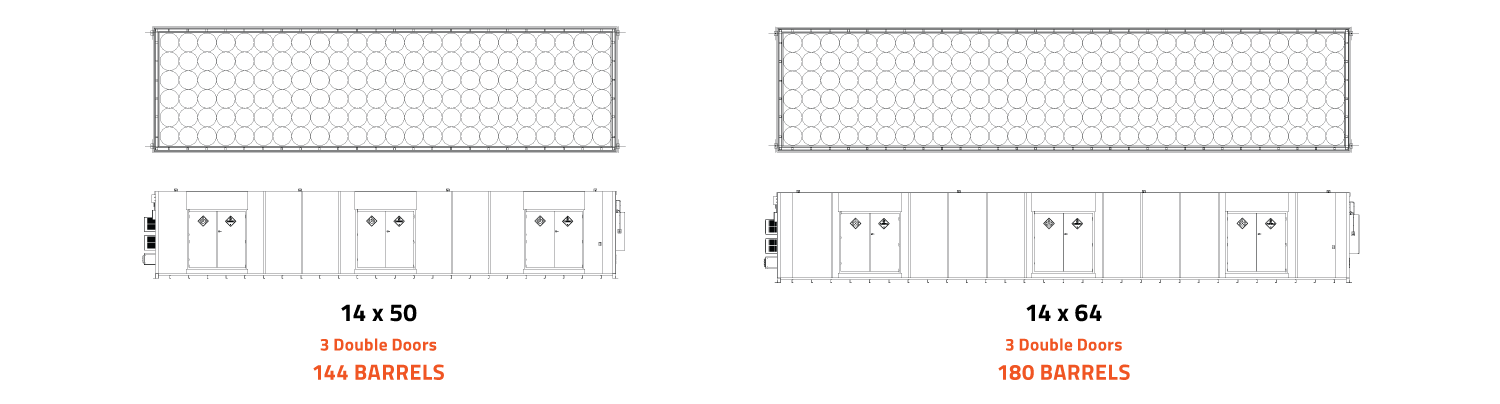 14 ft wide barrel diagrams with door locations and storage capacities