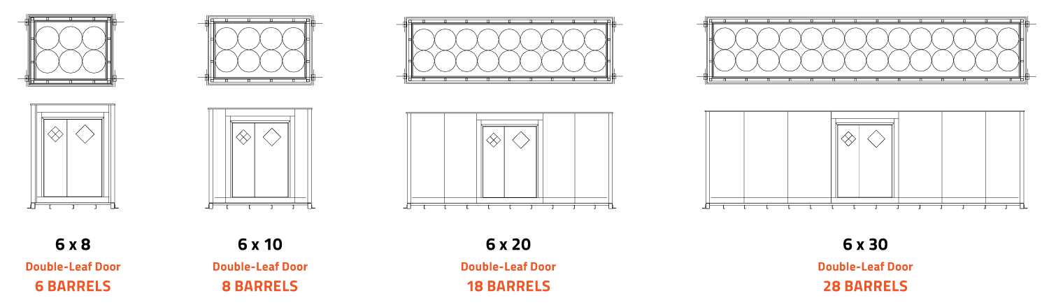 6 ft wide barrel diagrams with door locations and storage capacities