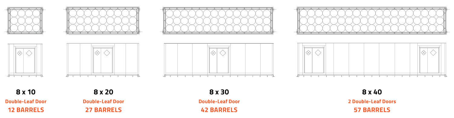 8 ft wide barrel diagrams with door locations and storage capacities