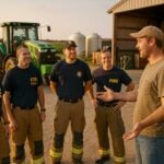 Fire department at farm, training fire safety