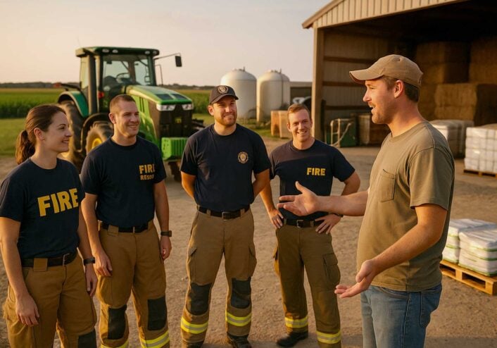 Fire department at farm, training fire safety