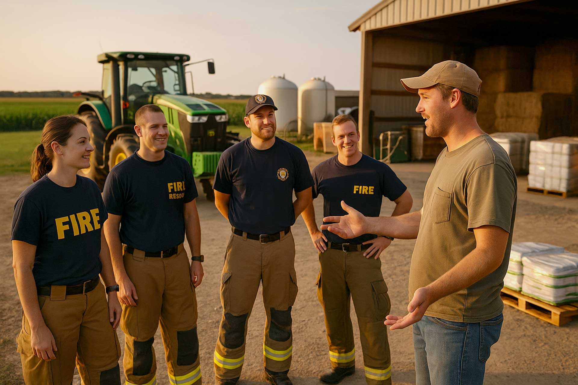 Fire department at farm, training fire safety