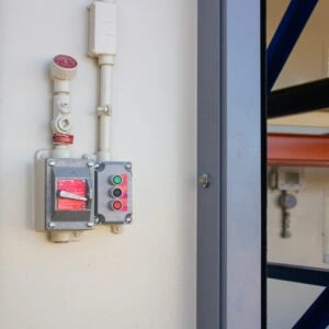 Electrical control panel in a hazmat storage building