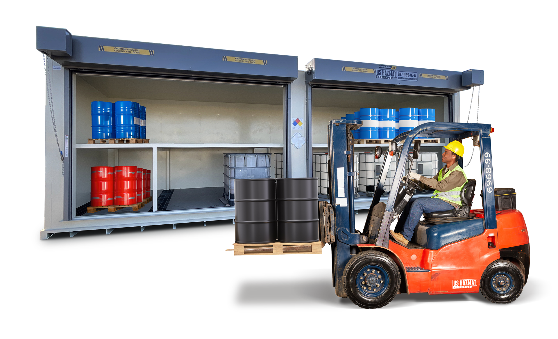 Forklift loading barrel pallets into tote & drum storage building